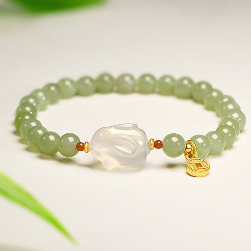 Buddha Stones Natural Hetian Jade Agate Rabbit Copper Coin Luck Bracelet - 6mm Hetian Jade(Wrist Circumference 14-16cm) - image 0