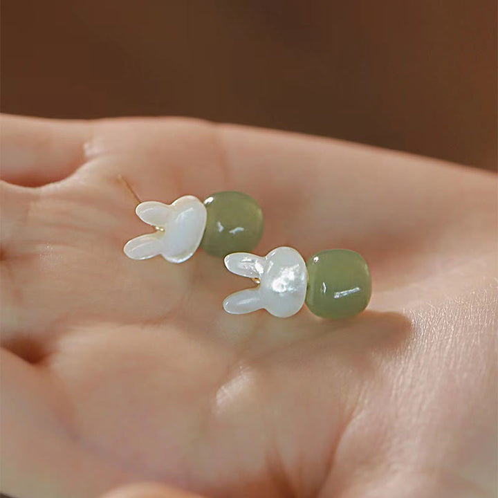Buddha Stones Tridacna Stone Cute Rabbit Hetian Jade Luck Earrings - image 9