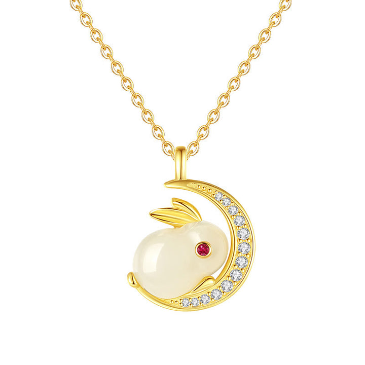 Buddha Stones 925 Sterling Silver Hetian White Jade Rabbit Crescent Moon Luck Necklace Pendant - image 12
