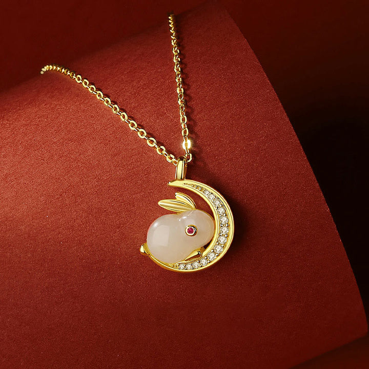 Buddha Stones 925 Sterling Silver Hetian White Jade Rabbit Crescent Moon Luck Necklace Pendant - image 2