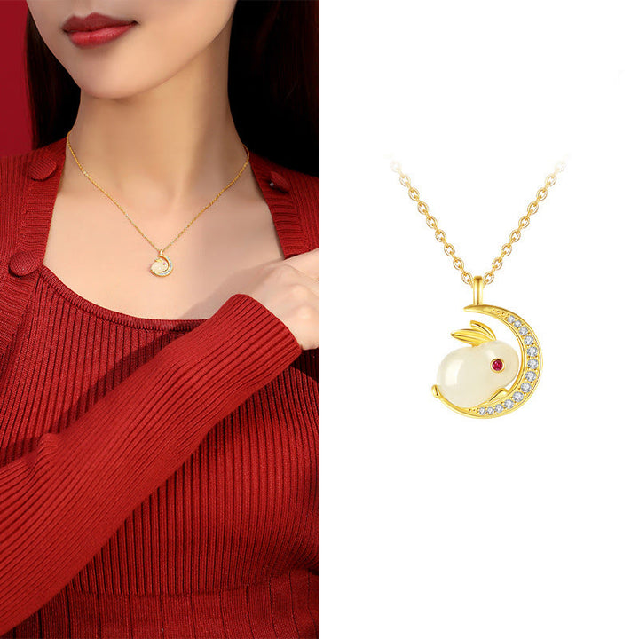 Buddha Stones 925 Sterling Silver Hetian White Jade Rabbit Crescent Moon Luck Necklace Pendant - image 10