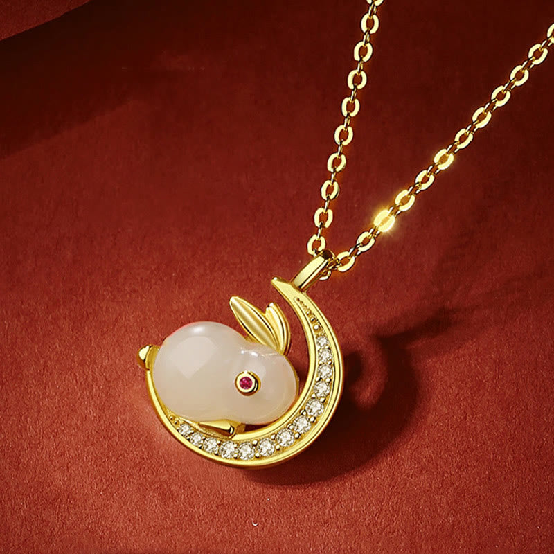 Buddha Stones 925 Sterling Silver Hetian White Jade Rabbit Crescent Moon Luck Necklace Pendant - image 9