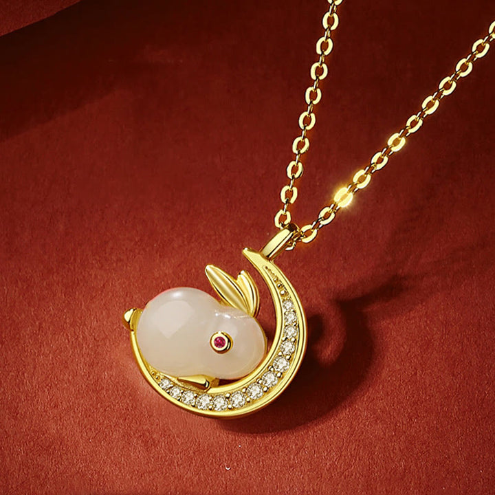 Buddha Stones 925 Sterling Silver Hetian White Jade Rabbit Crescent Moon Luck Necklace Pendant - image 9