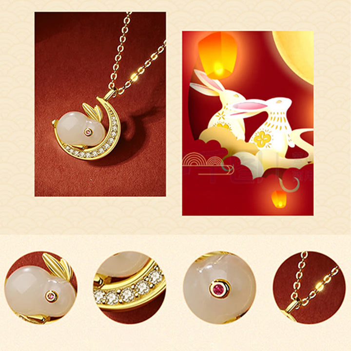 Buddha Stones 925 Sterling Silver Hetian White Jade Rabbit Crescent Moon Luck Necklace Pendant - image 11