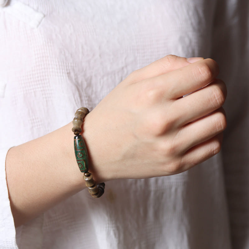 Buddha Stones Tibetan Nine-Eye Dzi Bead Green Sandalwood Peace Bracelet - image 4