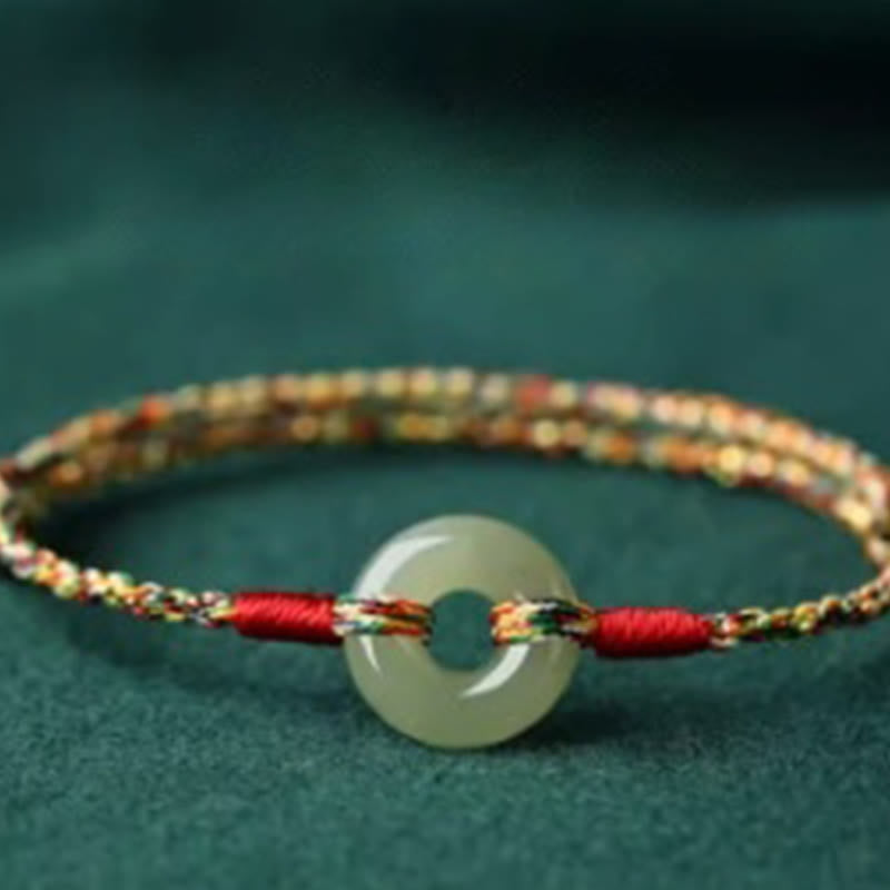 Buddha Stones Handmade Peace Buckle Jade Prosperity Colorful Rope Bracelet - image 1