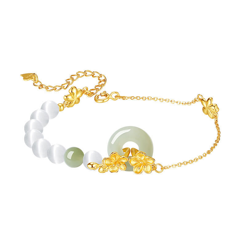 Buddha Stones 999 Sterling Silver Natural Hetian Jade Peace Buckle Peach Blossom Luck Bracelet - image 5