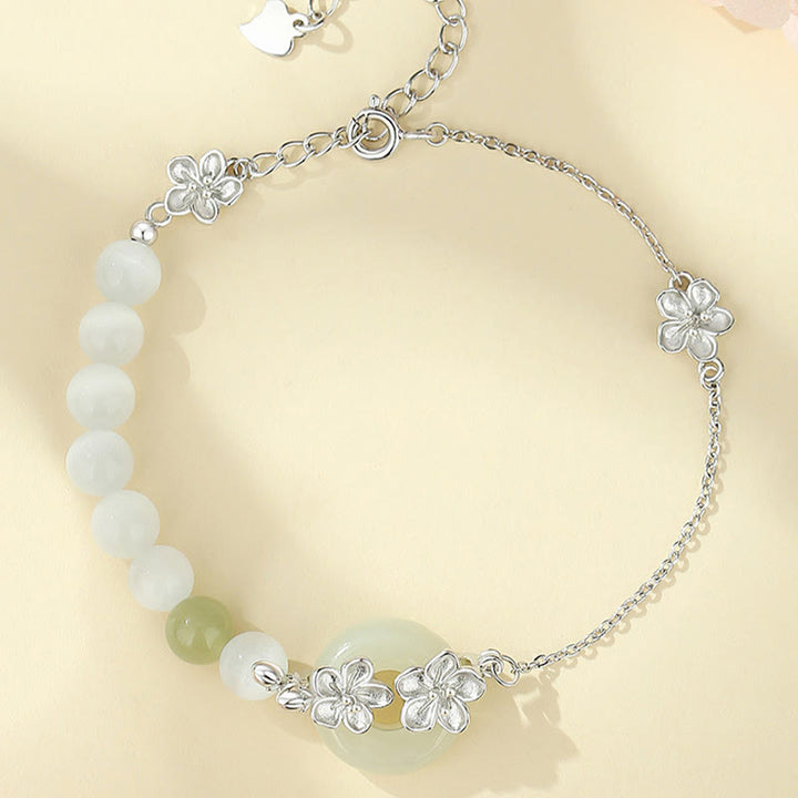 Buddha Stones 999 Sterling Silver Natural Hetian Jade Peace Buckle Peach Blossom Luck Bracelet - image 12