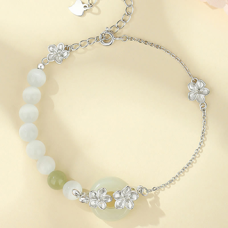 Buddha Stones 999 Sterling Silver Natural Hetian Jade Peace Buckle Peach Blossom Luck Bracelet - image 12