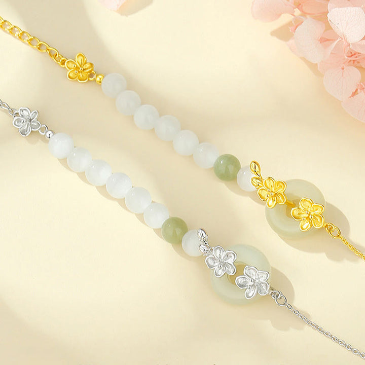 Buddha Stones 999 Sterling Silver Natural Hetian Jade Peace Buckle Peach Blossom Luck Bracelet - image 1