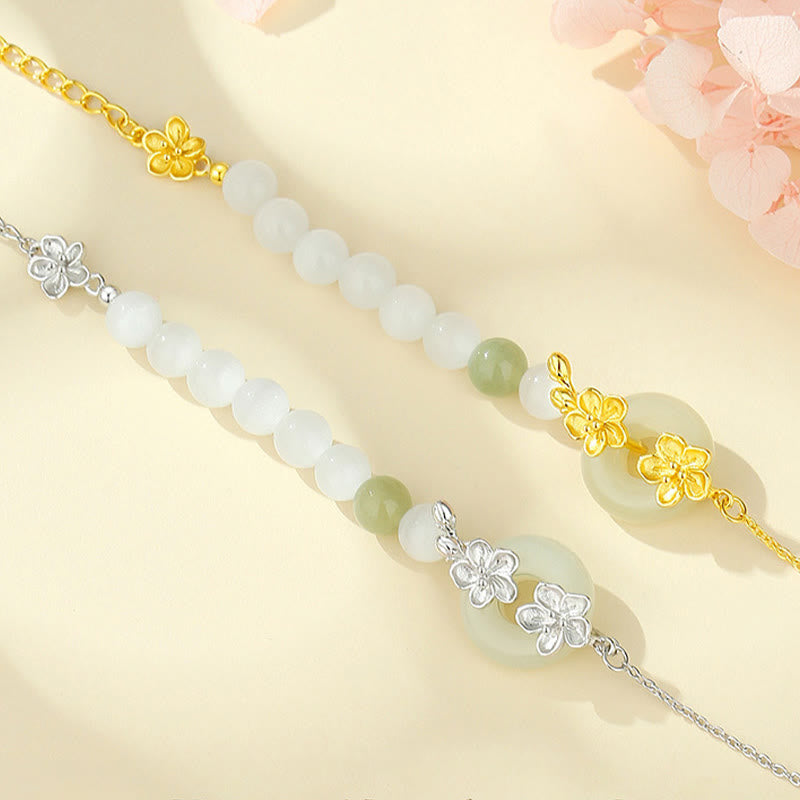 Buddha Stones 999 Sterling Silver Natural Hetian Jade Peace Buckle Peach Blossom Luck Bracelet - image 1
