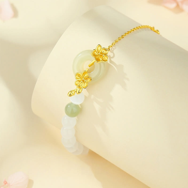 Buddha Stones 999 Sterling Silver Natural Hetian Jade Peace Buckle Peach Blossom Luck Bracelet - image 2