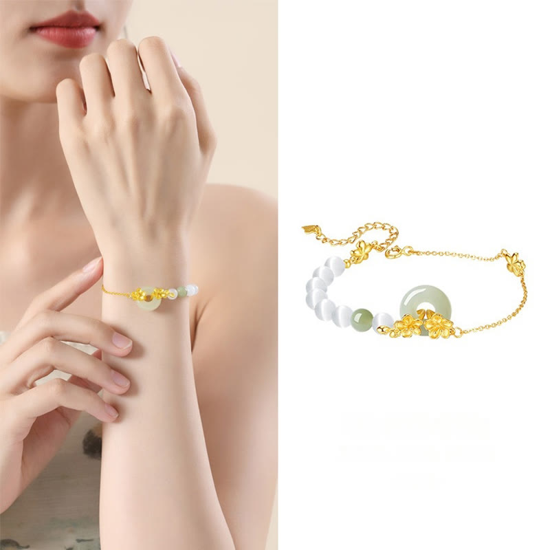 Buddha Stones 999 Sterling Silver Natural Hetian Jade Peace Buckle Peach Blossom Luck Bracelet - image 4
