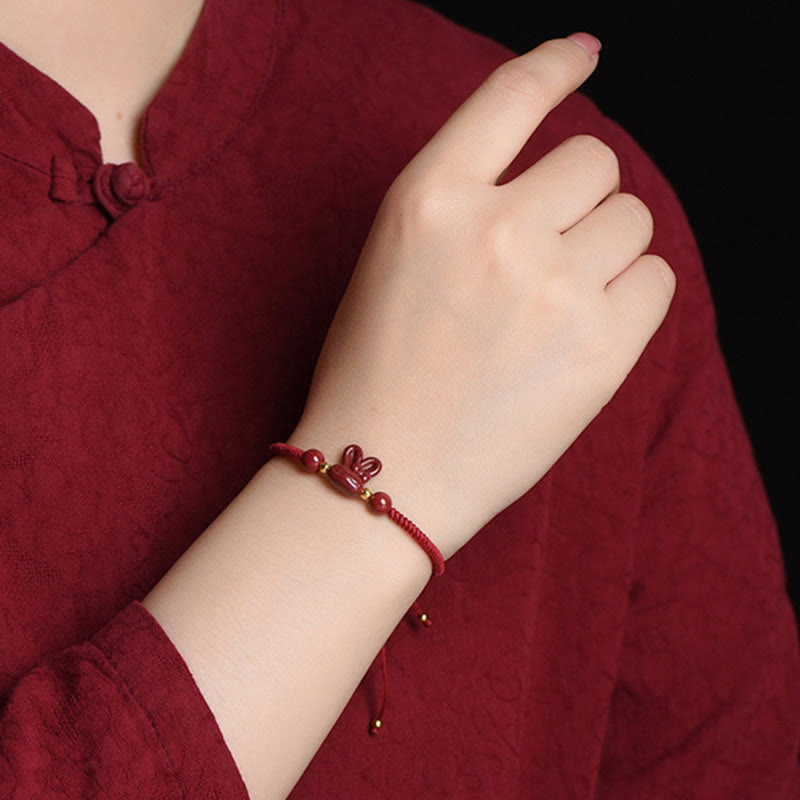 Buddha Stones Handmade Cinnabar Chinese Zodiac Rabbit Luck Red Rope Bracelet - image 8