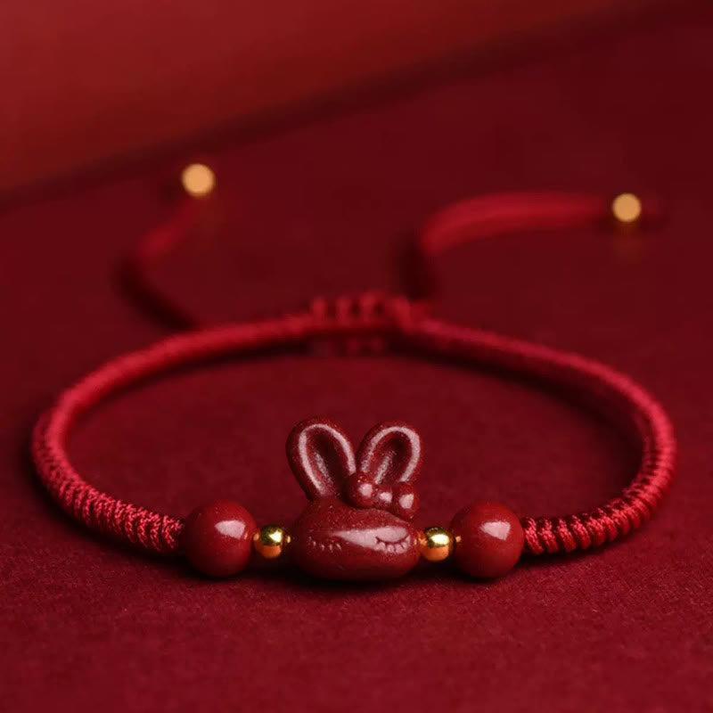 Buddha Stones Handmade Cinnabar Chinese Zodiac Rabbit Luck Red Rope Bracelet - Dark Red (Wrist Circumference 14-17cm) - image 0