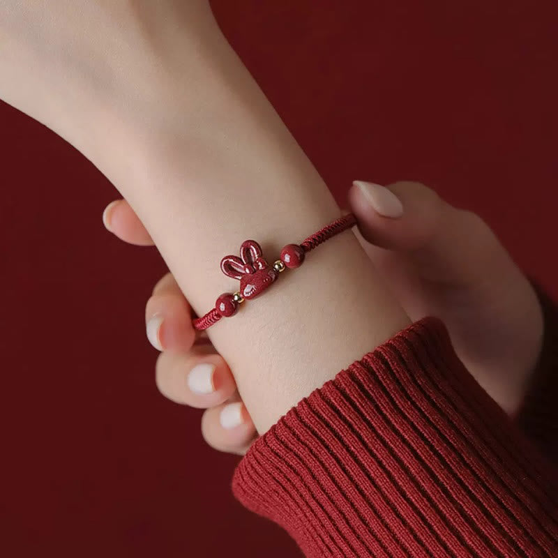 Buddha Stones Handmade Cinnabar Chinese Zodiac Rabbit Luck Red Rope Bracelet - image 2