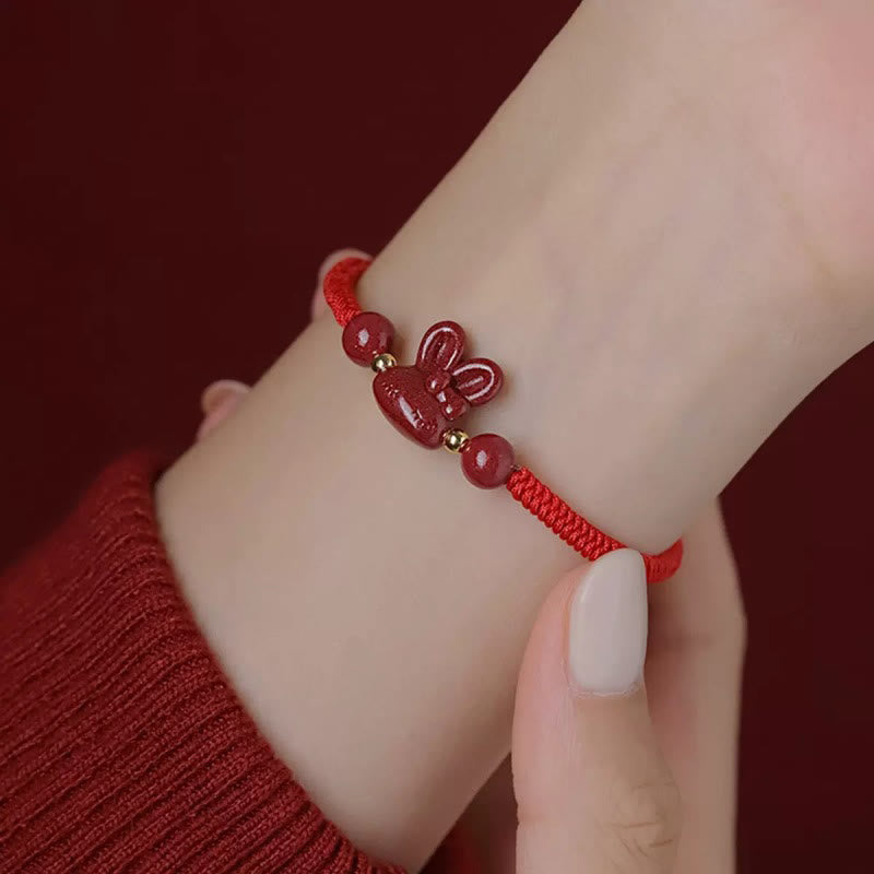 Buddha Stones Handmade Cinnabar Chinese Zodiac Rabbit Luck Red Rope Bracelet - image 11