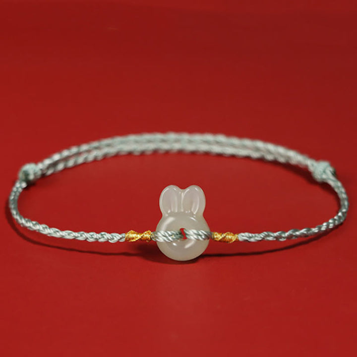 Buddha Stones Hetian Jade Cute Rabbit String Luck Bracelet - Green Rope(Wrist Circumference 14-16cm) - image 3