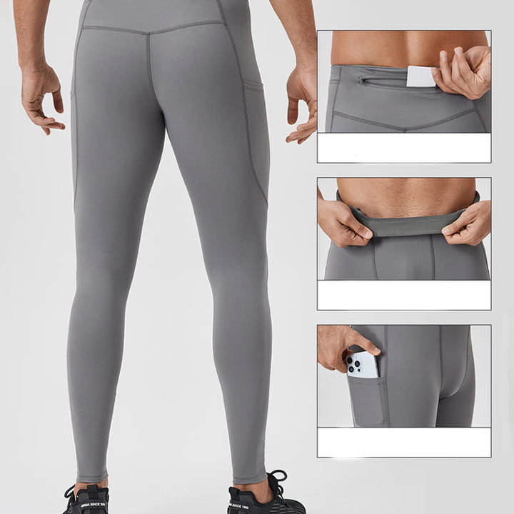 Buddha Stones Solid Color High Waist Elastic Breathable Sports Men's Leggings Pants With Back Zipper Pocket - image 4