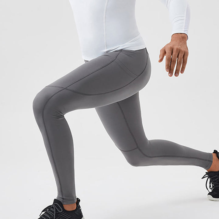 Buddha Stones Solid Color High Waist Elastic Breathable Sports Men's Leggings Pants With Back Zipper Pocket - image 16