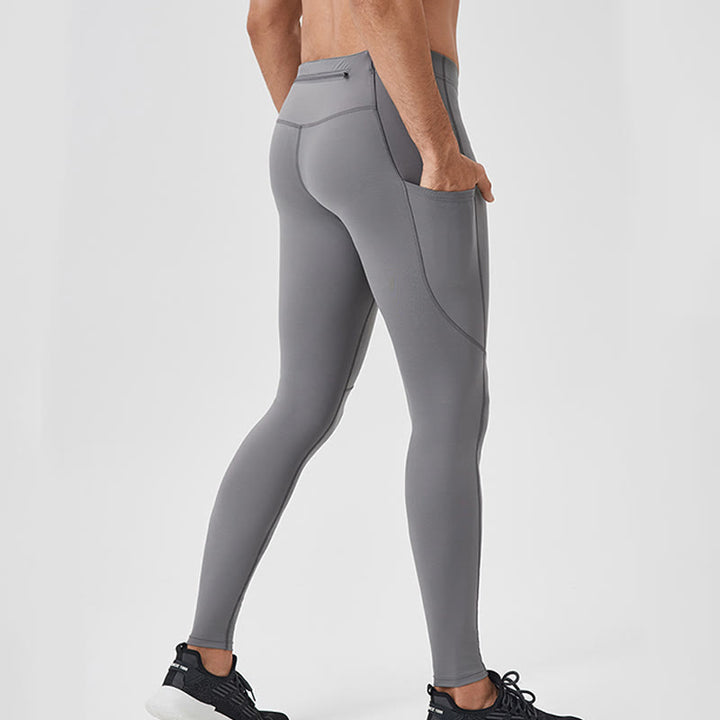 Buddha Stones Solid Color High Waist Elastic Breathable Sports Men's Leggings Pants With Back Zipper Pocket - image 3