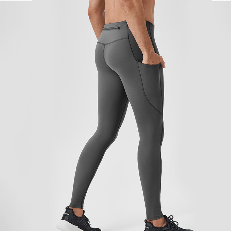Buddha Stones Solid Color High Waist Elastic Breathable Sports Men's Leggings Pants With Back Zipper Pocket - image 24