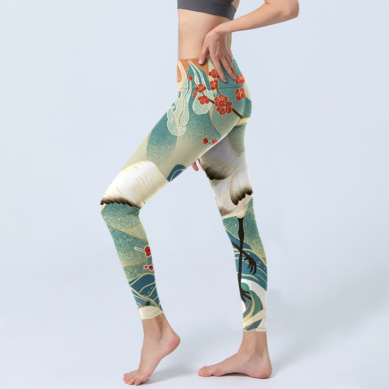 Buddha Stones Cranes Plum Blossoms Mountains Print Gym Leggings Women's Yoga Pants - image 2