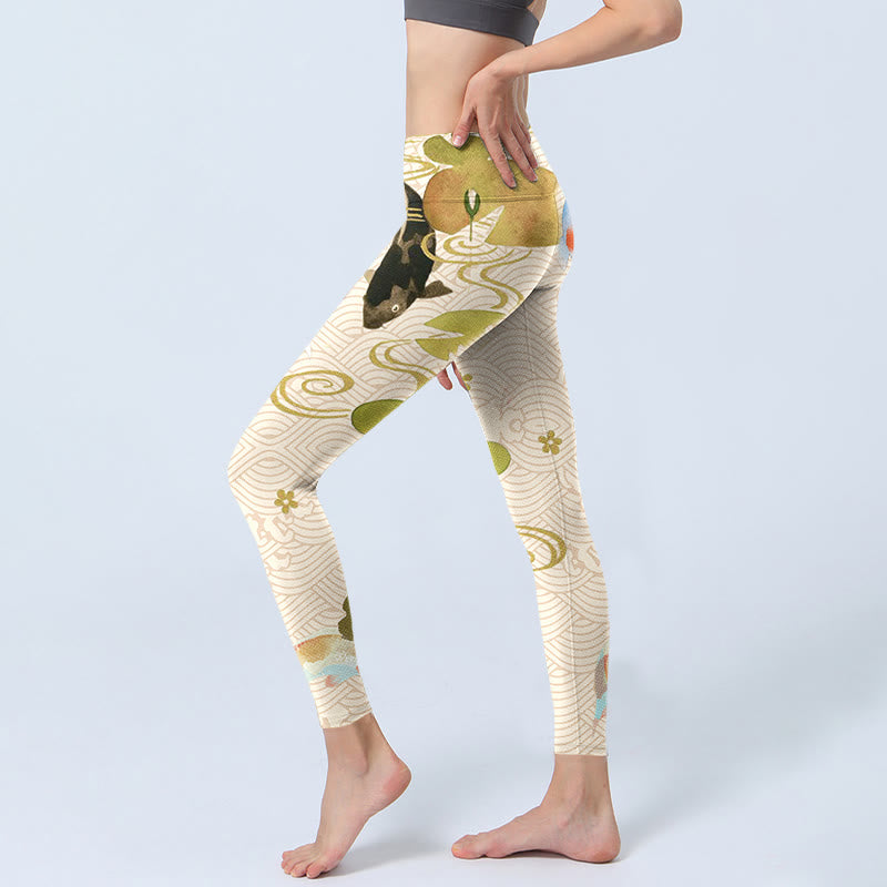 Buddha Stones Koi Fish Lotus Leaves Print Gym Leggings Women's Yoga Pants - image 2