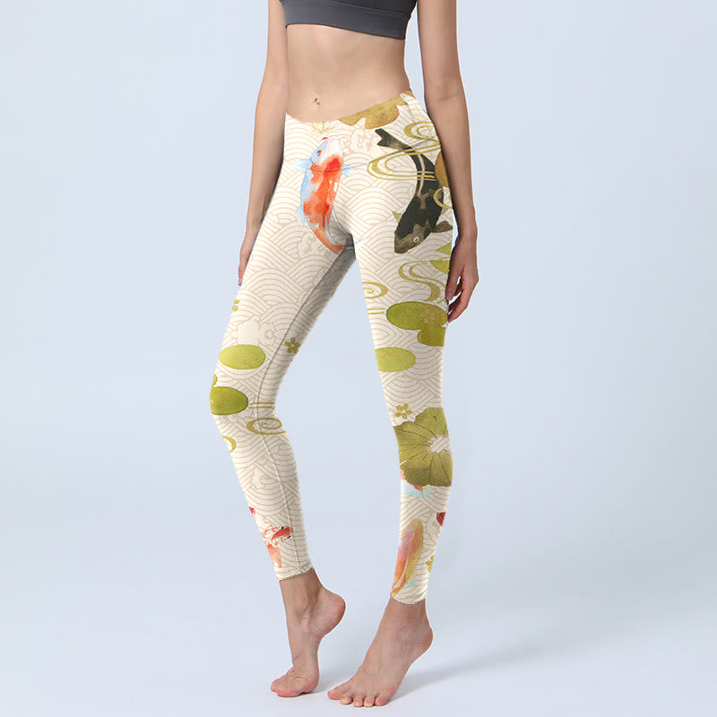 Buddha Stones Koi Fish Lotus Leaves Print Gym Leggings Women's Yoga Pants - Ivory - US18，UK/AU22，EU50 (4XL) - image 0