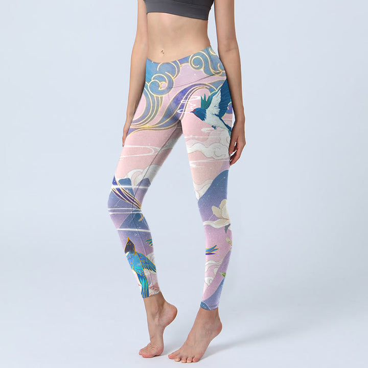Buddha Stones Swallow Magpie Flower Mountain Auspicious Clouds Print Gym Leggings Women's Yoga Pants - Plum - US18，UK/AU22，EU50 (4XL) - image 0