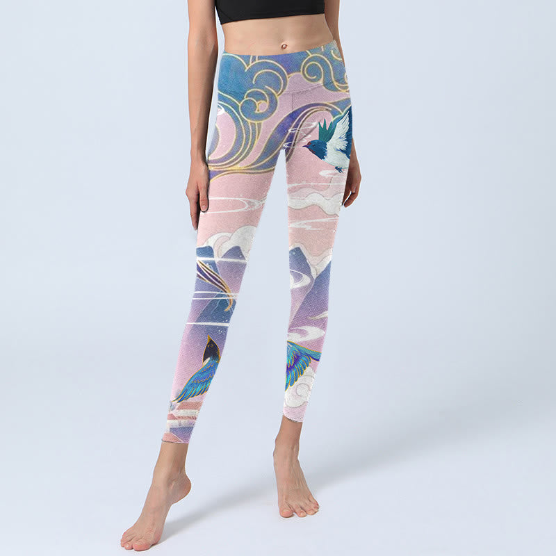 Buddha Stones Swallow Magpie Flower Mountain Auspicious Clouds Print Gym Leggings Women's Yoga Pants - image 5