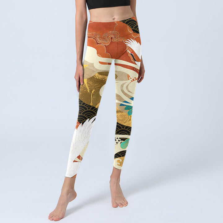 Buddha Stones Red-crowned Crane Auspicious Clouds Pine Tree Print Gym Leggings Women's Yoga Pants - image 5