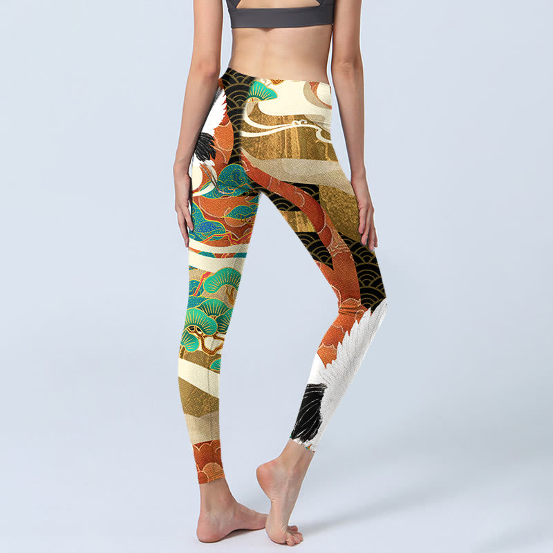 Buddha Stones Red-crowned Crane Auspicious Clouds Pine Tree Print Gym Leggings Women's Yoga Pants - image 3