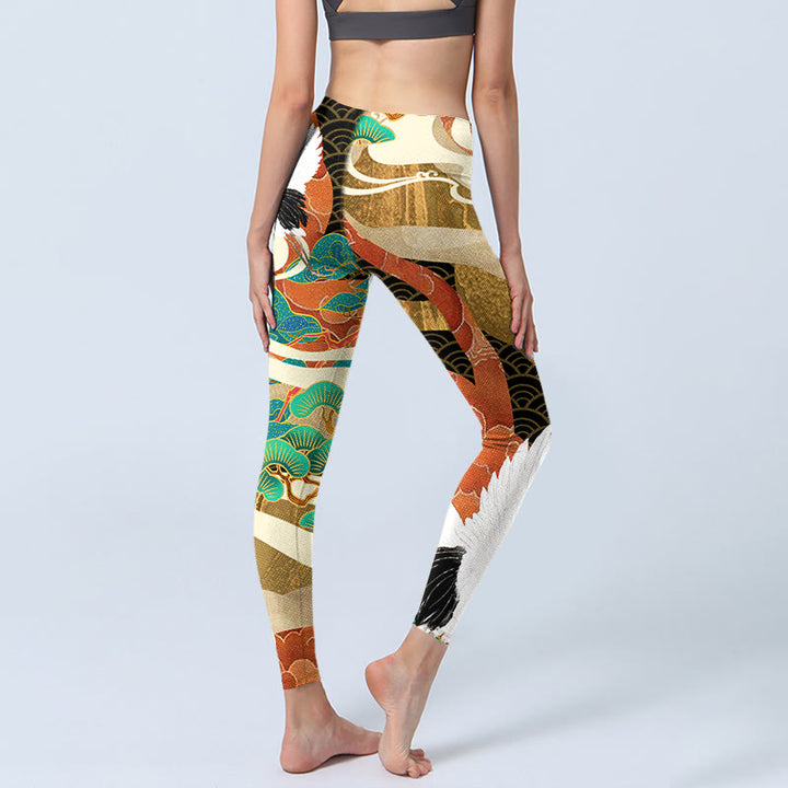 Buddha Stones Red-crowned Crane Auspicious Clouds Pine Tree Print Gym Leggings Women's Yoga Pants - image 3