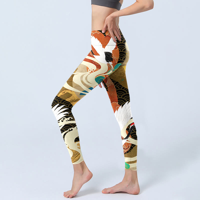 Buddha Stones Red-crowned Crane Auspicious Clouds Pine Tree Print Gym Leggings Women's Yoga Pants - image 2