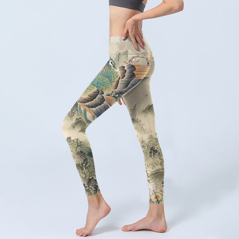 Buddha Stones Peacock Auspicious Clouds Mountain Flowers Print Gym Leggings Women's Yoga Pants - image 2