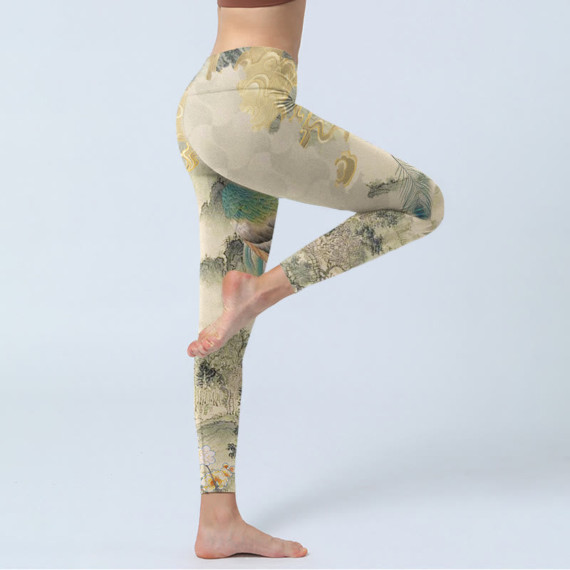 Buddha Stones Peacock Auspicious Clouds Mountain Flowers Print Gym Leggings Women's Yoga Pants - image 4