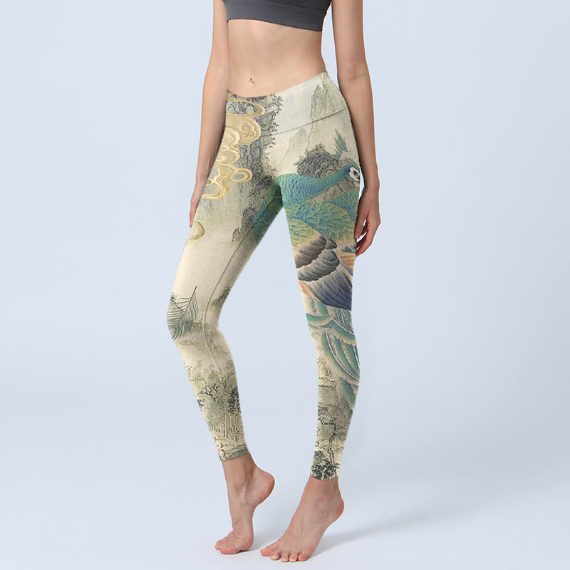 Buddha Stones Peacock Auspicious Clouds Mountain Flowers Print Gym Leggings Women's Yoga Pants - LightGrey - US18，UK/AU22，EU50 (4XL) - image 0
