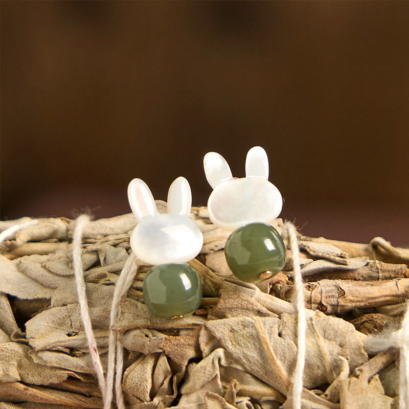 Buddha Stones Tridacna Stone Cute Rabbit Hetian Jade Luck Earrings - image 8