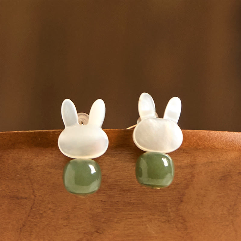 Buddha Stones Tridacna Stone Cute Rabbit Hetian Jade Luck Earrings - image 1