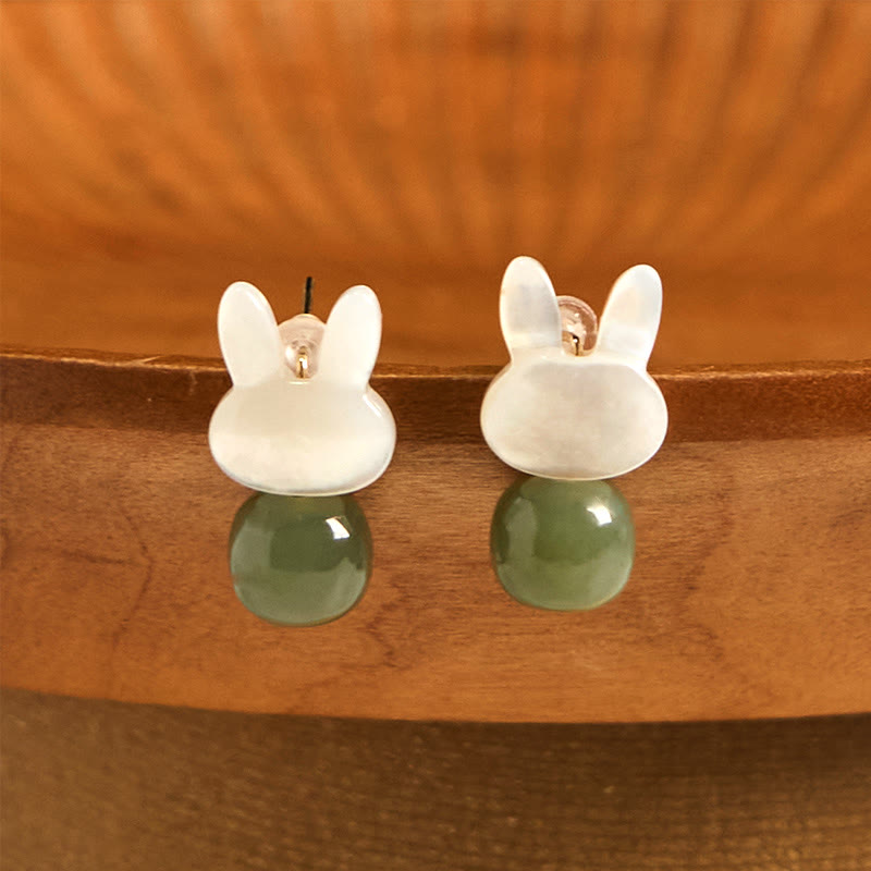 Buddha Stones Tridacna Stone Cute Rabbit Hetian Jade Luck Earrings - Hetian Jade Tridacna Stone(Copper Posts) - image 0