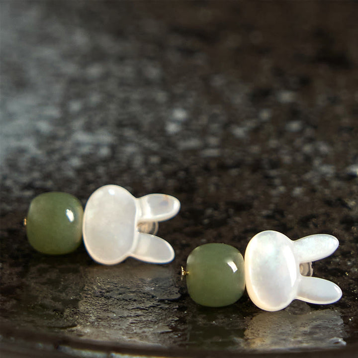 Buddha Stones Tridacna Stone Cute Rabbit Hetian Jade Luck Earrings - image 5