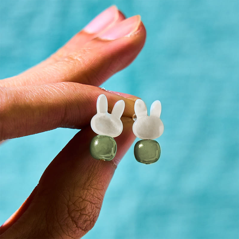 Buddha Stones Tridacna Stone Cute Rabbit Hetian Jade Luck Earrings - image 2