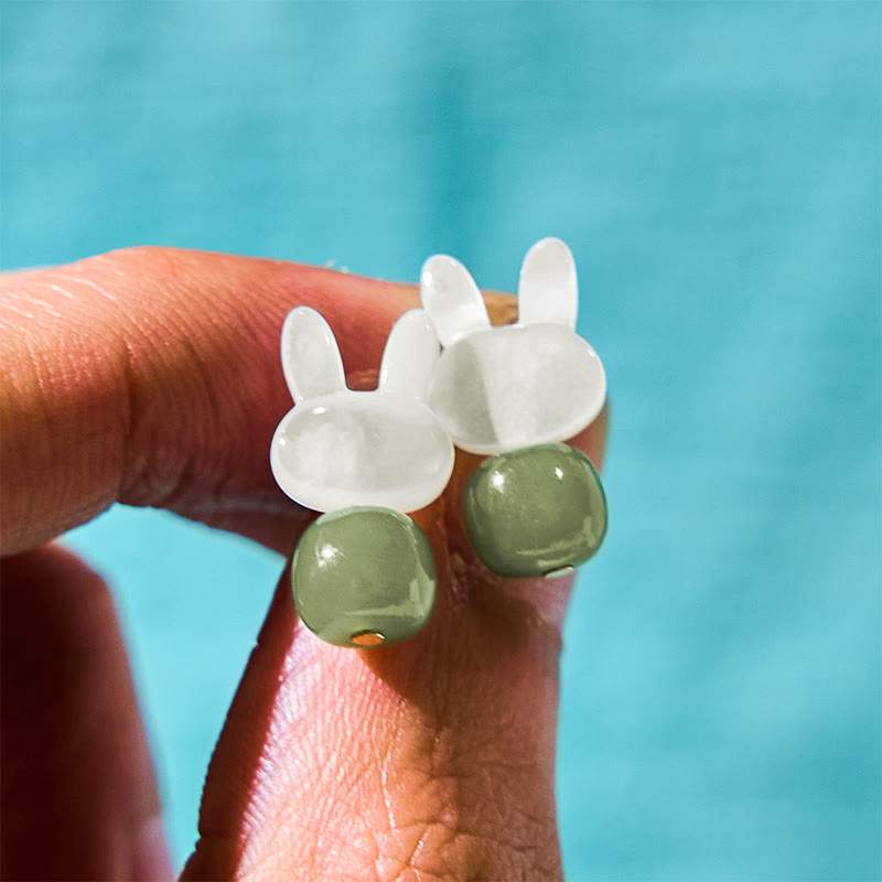 Buddha Stones Tridacna Stone Cute Rabbit Hetian Jade Luck Earrings - image 1
