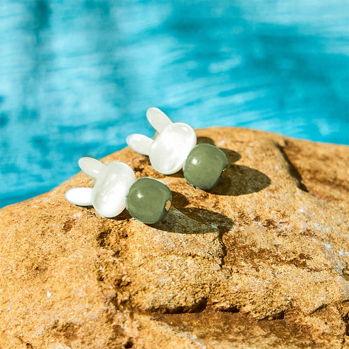 Buddha Stones Tridacna Stone Cute Rabbit Hetian Jade Luck Earrings - Hetian Jade Tridacna Stone(Copper Posts) - image 0