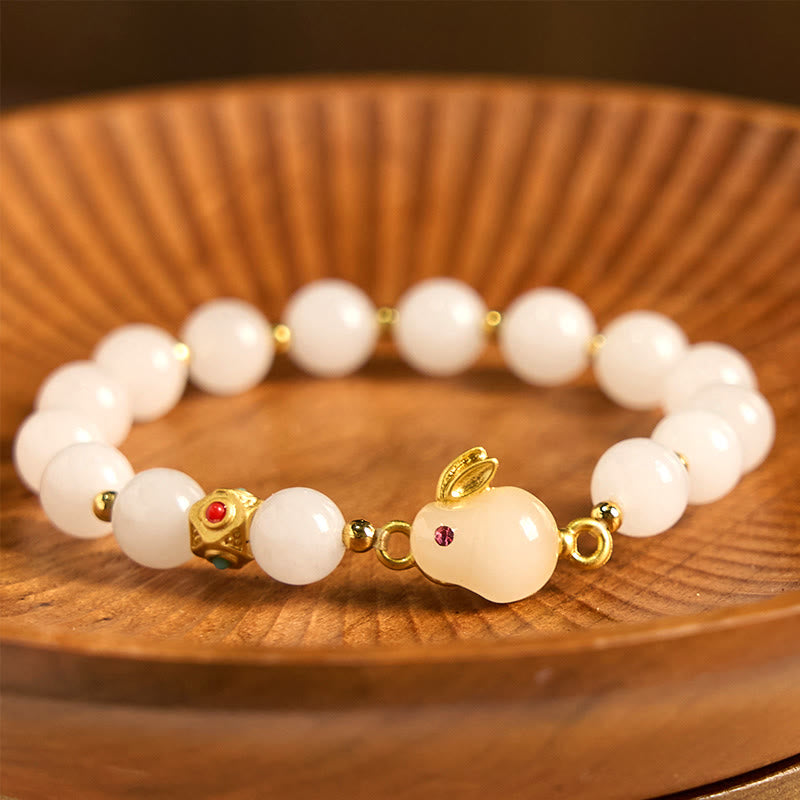 Buddha Stones Golden Silk Jade Cute Rabbit Luck Bracelet - Golden Silk Jade(Wrist Circumference 14-16cm) - image 0
