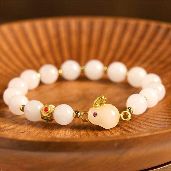 Buddha Stones Golden Silk Jade Cute Rabbit Luck Bracelet - Golden Silk Jade(Wrist Circumference 14-16cm) - image 0