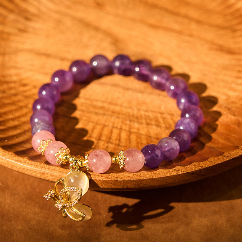 Buddha Stones Natural Amethyst Strawberry Quartz Crystal Healing Butterfly Charm Bracelet - image 3