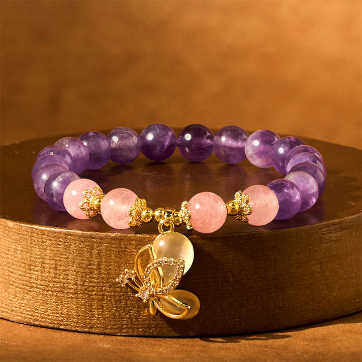 Buddha Stones Natural Amethyst Strawberry Quartz Crystal Healing Butterfly Charm Bracelet - image 4