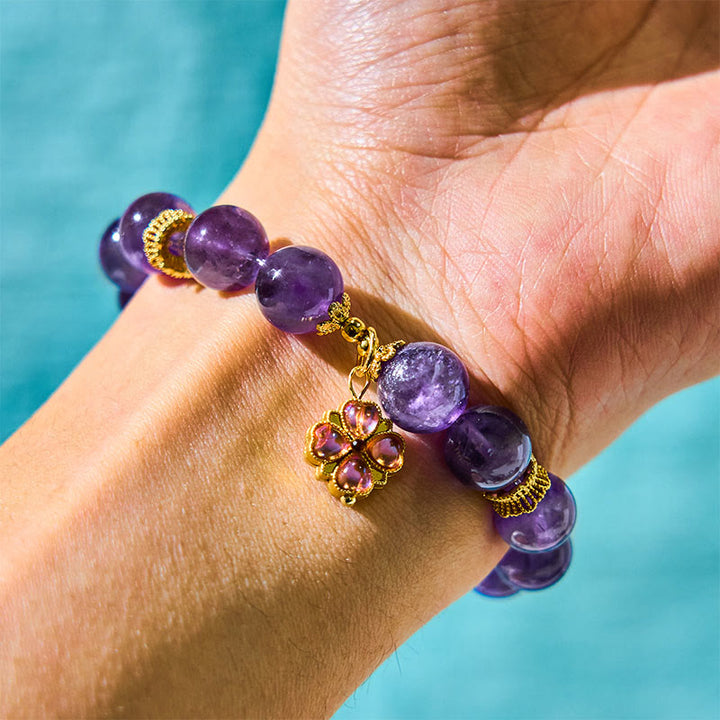 Buddha Stones Natural Amethyst Four Leaf Clover Charm Communication Bracelet - image 2